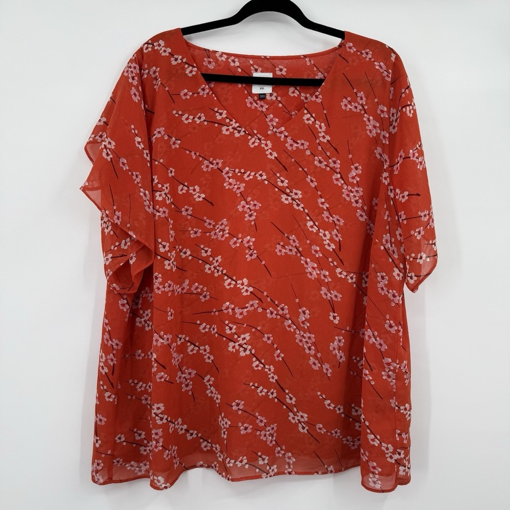 Cabi 5712 Blouse Top Womens XXL Orange Cherry Blossom Floral Chiffon‎ Layered